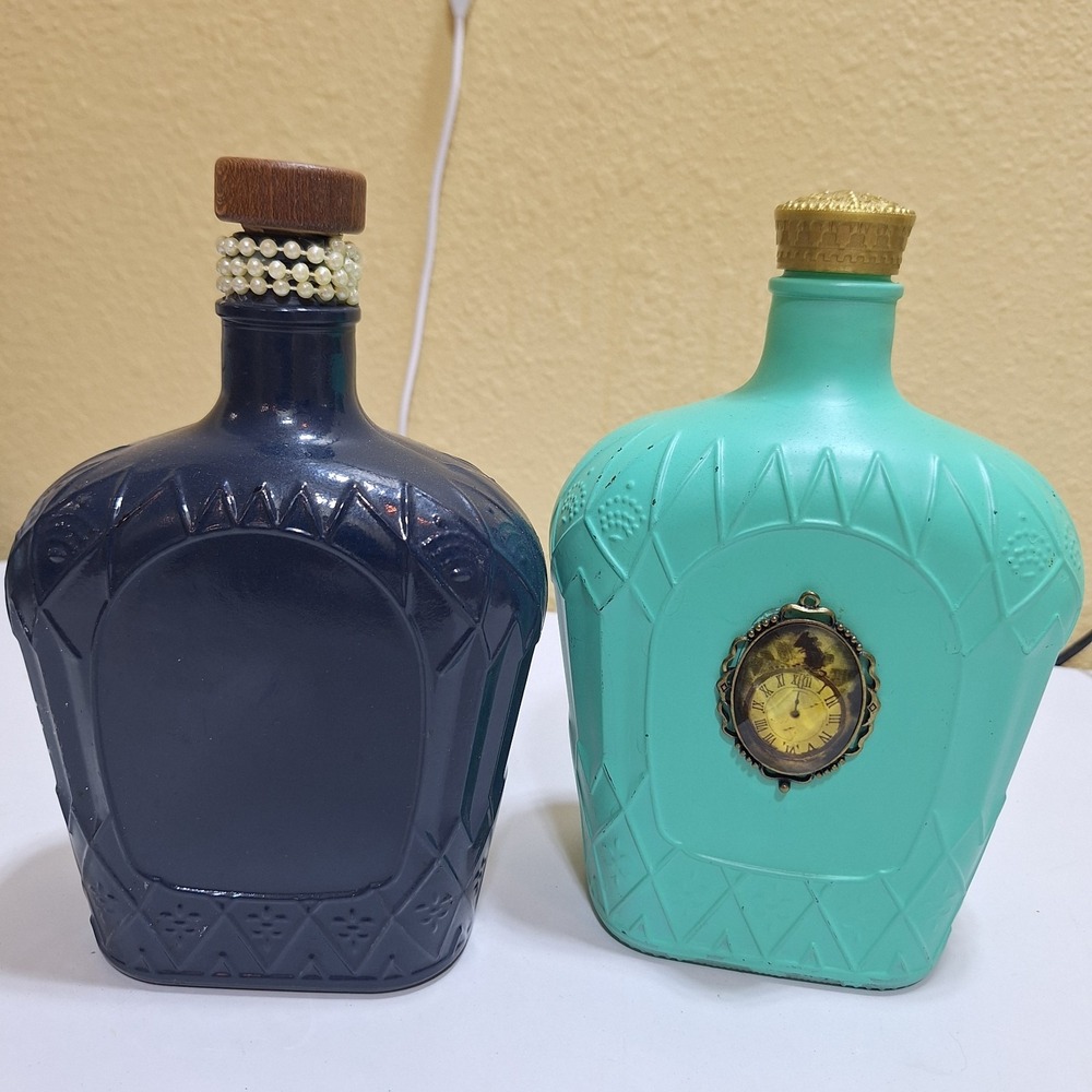 Set 2 Painted Crown Royal Bottles Shabby Chic‎ Cottagecore Upcycled Decor